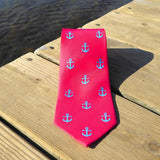 Anchor Necktie - Light Blue on Coral, Printed Silk - Stone & Shoal