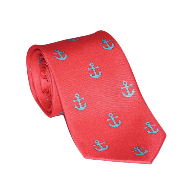 Anchor Necktie - Light Blue on Coral, Printed Silk - Stone & Shoal