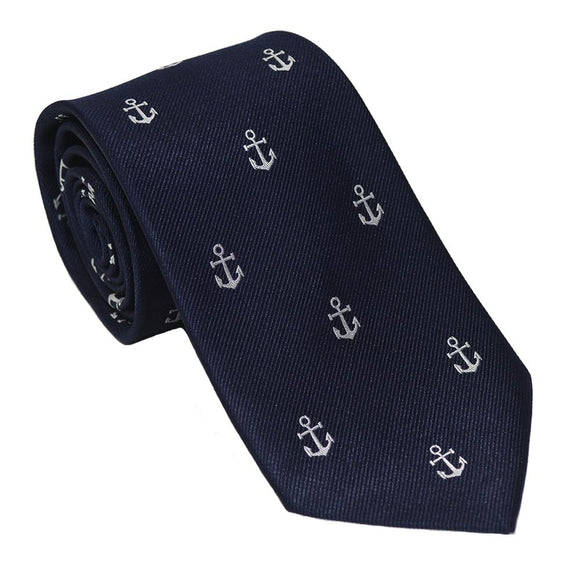Anchor Necktie - White on Navy, Woven Silk - Stone & Shoal